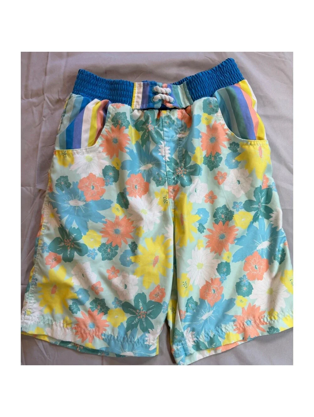 Matilda Jane Kids Floral Board Shorts Turquoise Yellow Swim Trunks Size 10